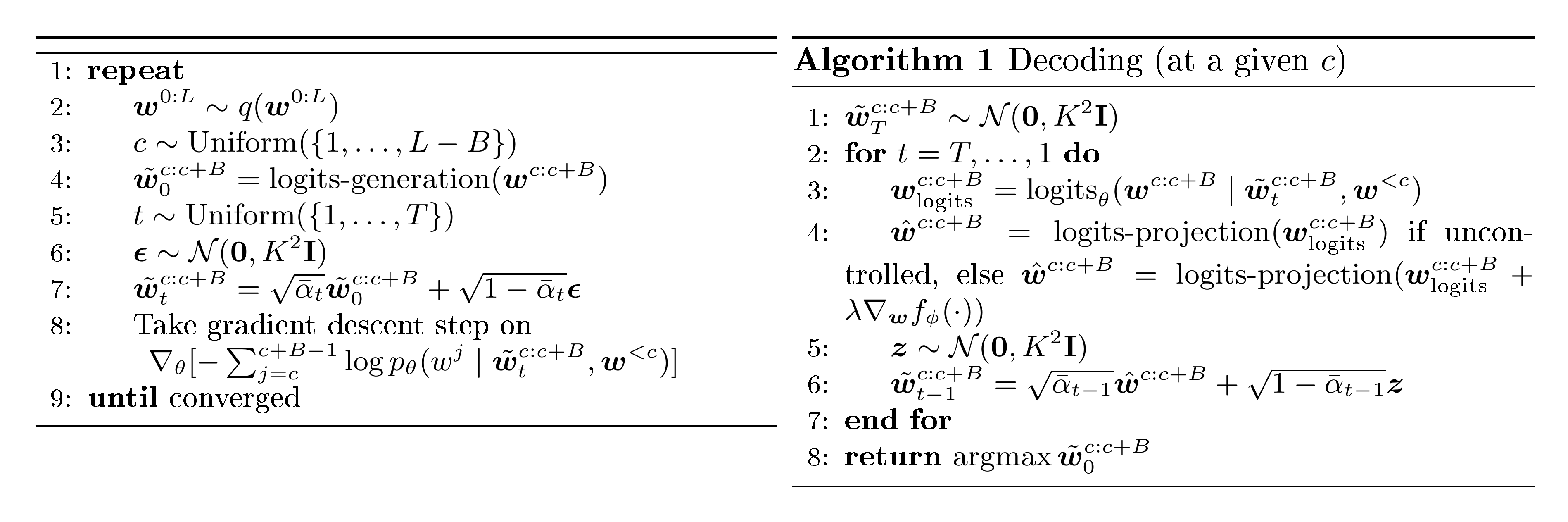 **Figure 3:** Training and decoding algorithms for $\textsc{Ssd-LM}$. The training algorithm starts with sampling a sequence from the pretraining data $q(\boldsymbol{w}^{0:L})$. The decoding algorithm can be applied $m$ iterations to obtain a $m \cdot B$-token generation, with the returned $B$ tokens at each iteration appended to the previous generation, increasing $c$.