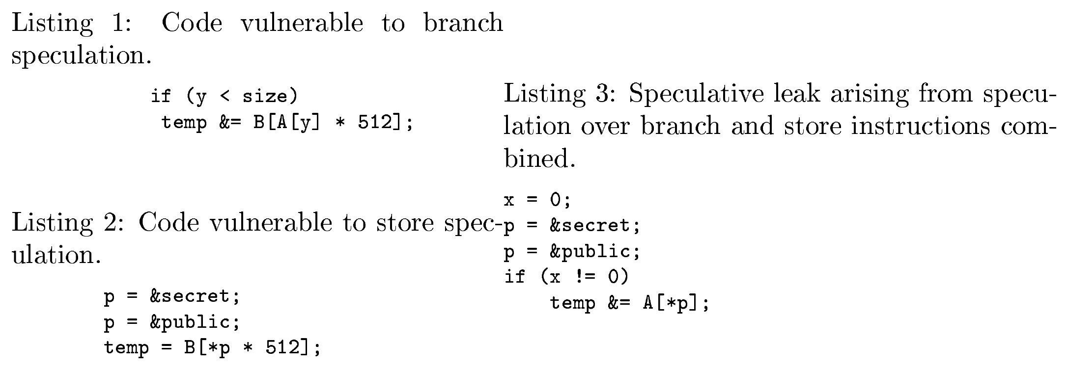 Code snippets vulnerable to different kinds of speculation attacks.
