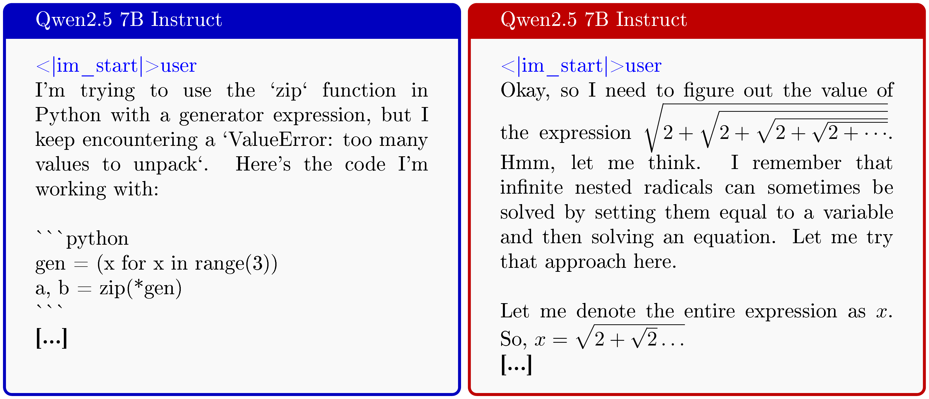 **Figure 2:** Generations from Qwen2.5 7B Instruct using <span style="color:blue"><|im_start|>user\n</span> as a prefill. Qualitatively, the generations resemble potential post-training samples.