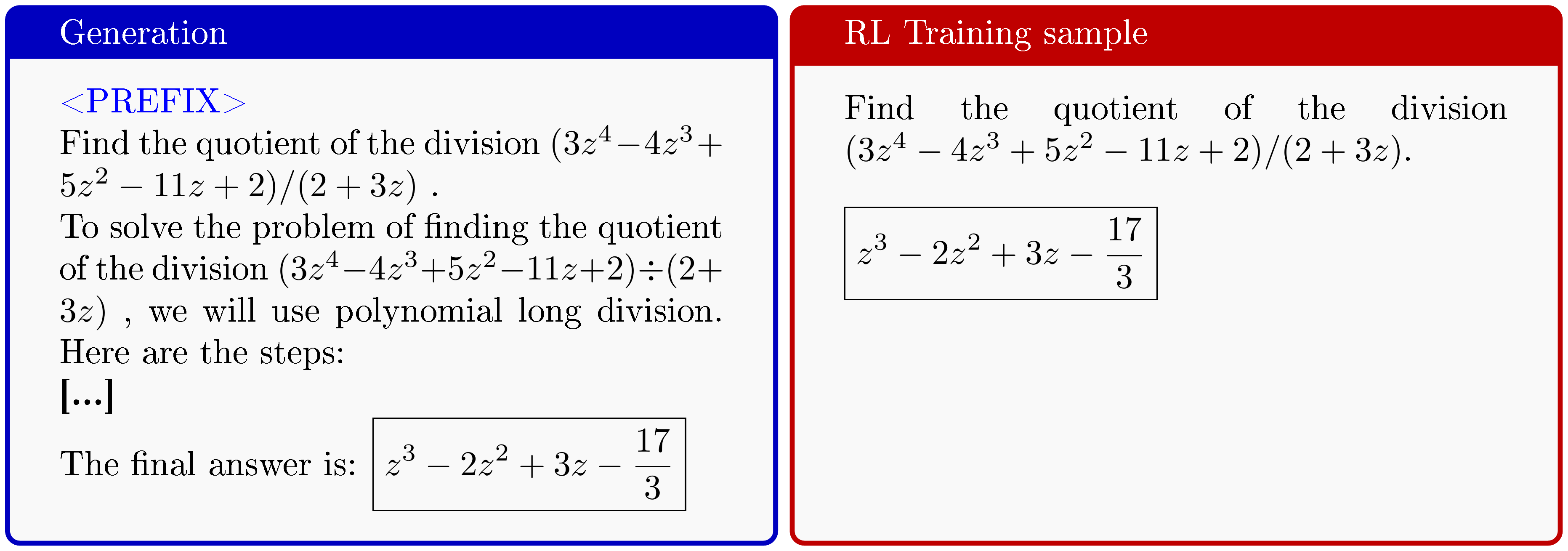 **Figure 7:** (Left) Generation from Open-Reasoner-Zero 7B using our special <span style="color:blue"><PREFIX></span> (see Appendix C for the full string). We shorten the thinking trace with **[...]**. (Right) True RL post-training sample. Surprisingly, we find that RL training samples can be regurgitated *verbatim*, even though the training objective seems to be heavily misaligned with this behaviour. The RL training samples only consist of a question and answer pair and do not come with a thinking trace. The model instead regurgitates the question, followed by the thinking trace, and finally the answer.