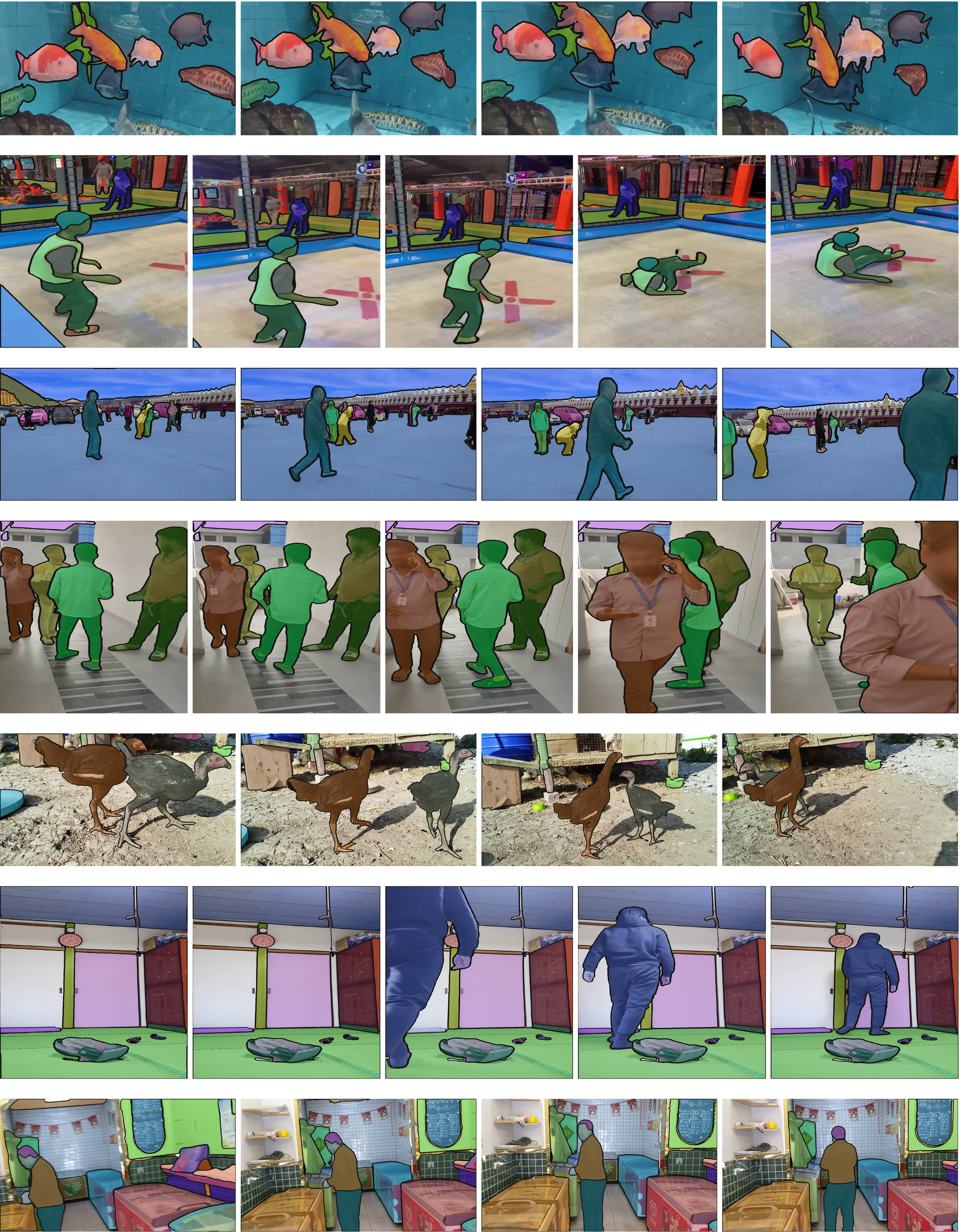 **Figure 4:** Example videos from the SA-V dataset with masklets overlaid (manual and automatic). Each masklet has a unique color, and each row represents frames from one video, with 1 second between them.