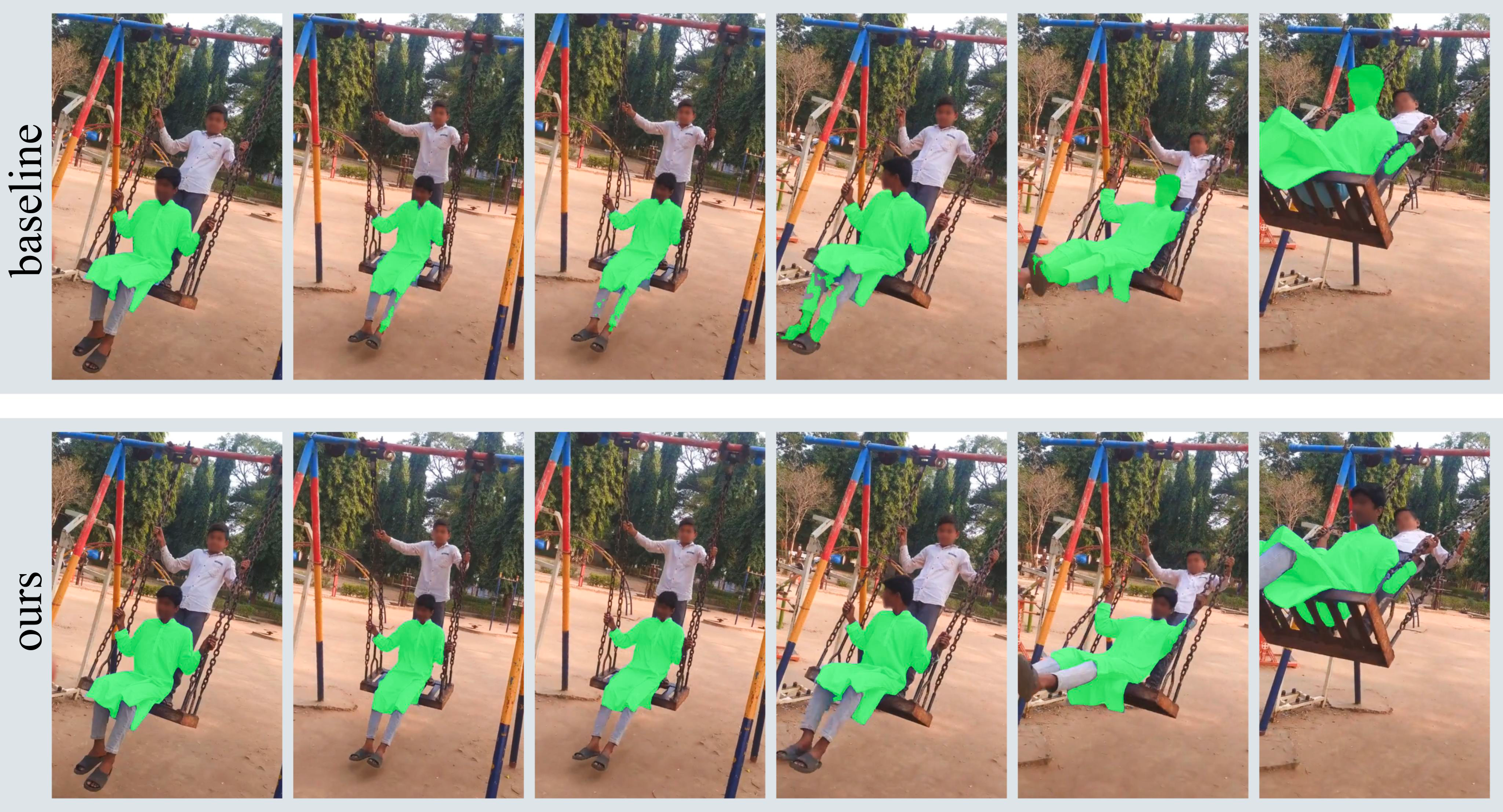 **Figure 16:** Comparison between our baseline (Cutie-base+, top row) and our model (SAM 2, bottom row) when prompted with a mask in the first frame.