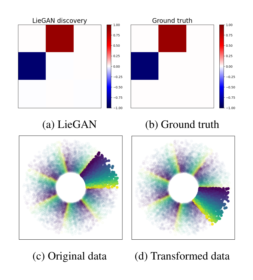Figure 4. Result on the synthetic discrete rotation invariant task. (a-b): LieGAN discovers the correct rotation group and the correct scale of transformations. (c-d): Data distribution on $z = 1$ plane. The color indicates the output function value. LieGAN leaves the overall data distribution unchanged while non-trivially rotating individual data points in the highlighted sector.