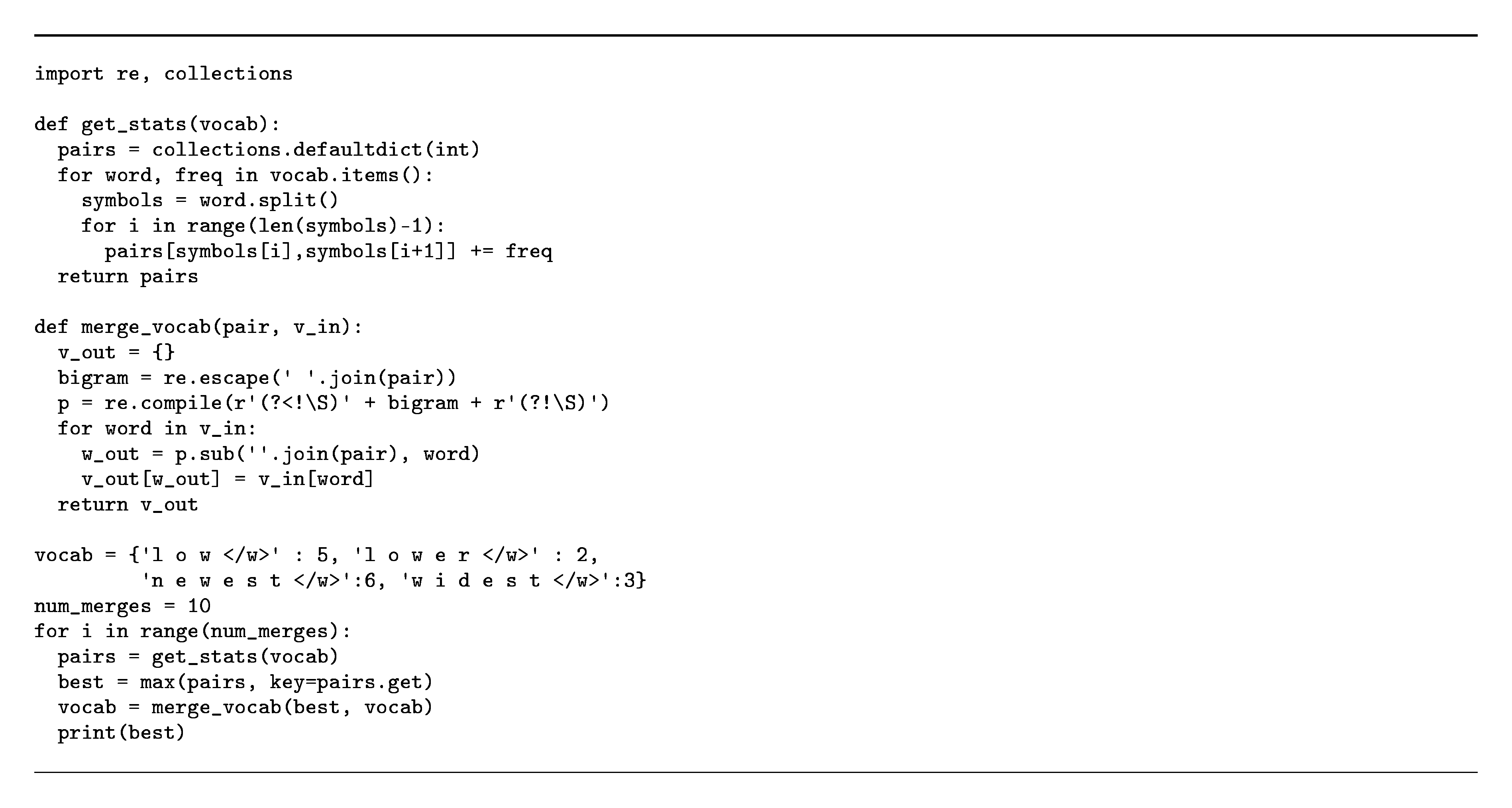 **Algorithm 1:** Learn BPE operations