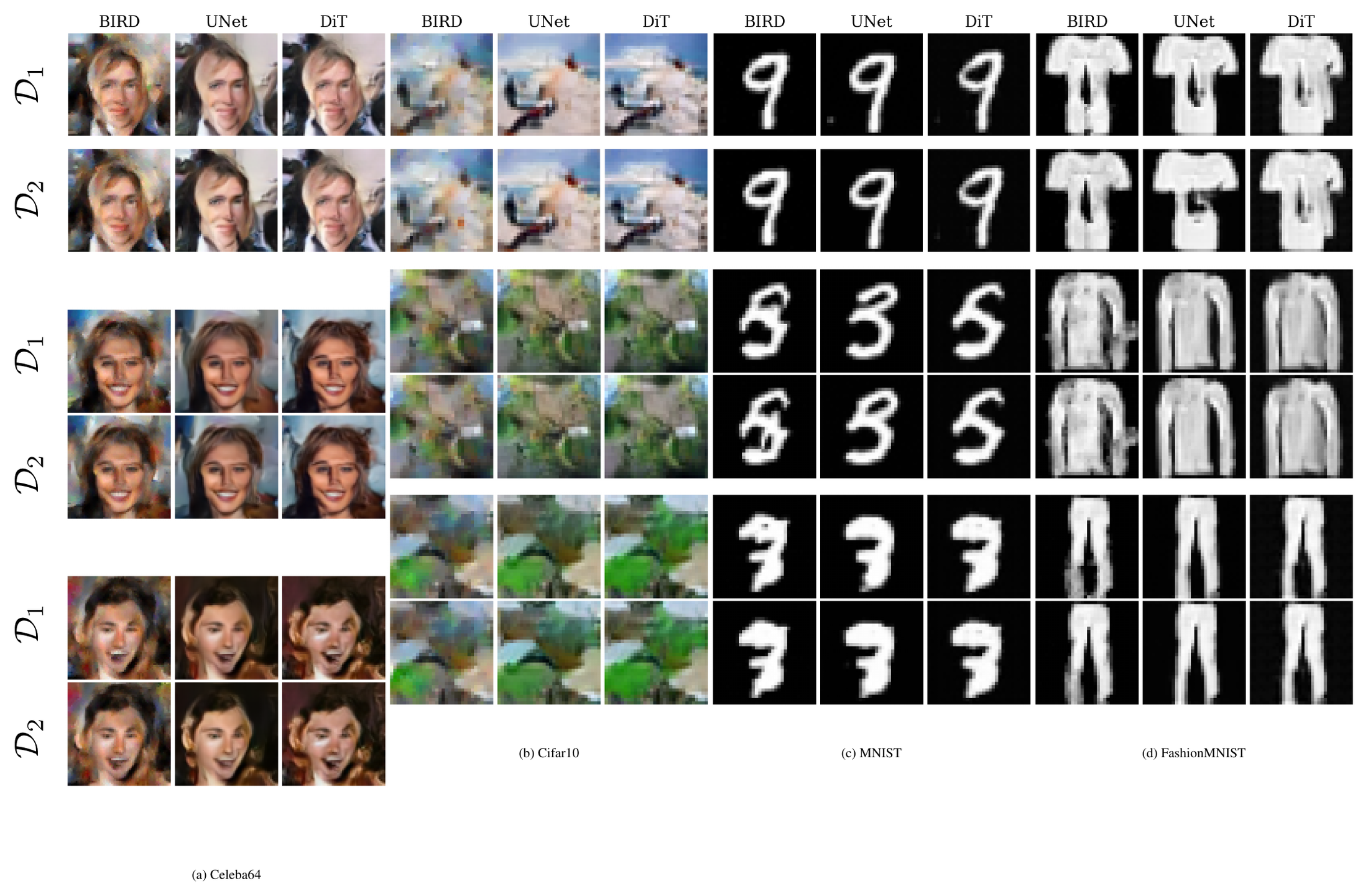 **Figure 2:** The consistent and robust generalization of diffusion models early in training, across various datasets and architectures, is well-predicted by spatially local BIRD models with a patch size near the critical scale, as described below. Here UNets and DiTs are trained on disjoint dataset subsets $\mathcal{D}_1$ and $\mathcal{D}_2$, but produce nearly identical images when fed the same noise input. These images are both similar to the corresponding BIRD model outputs. Many more such samples are shown in App. Section 14.2 in figs. 7-11, along with details of the experiment and training procedure in App. Section 14.