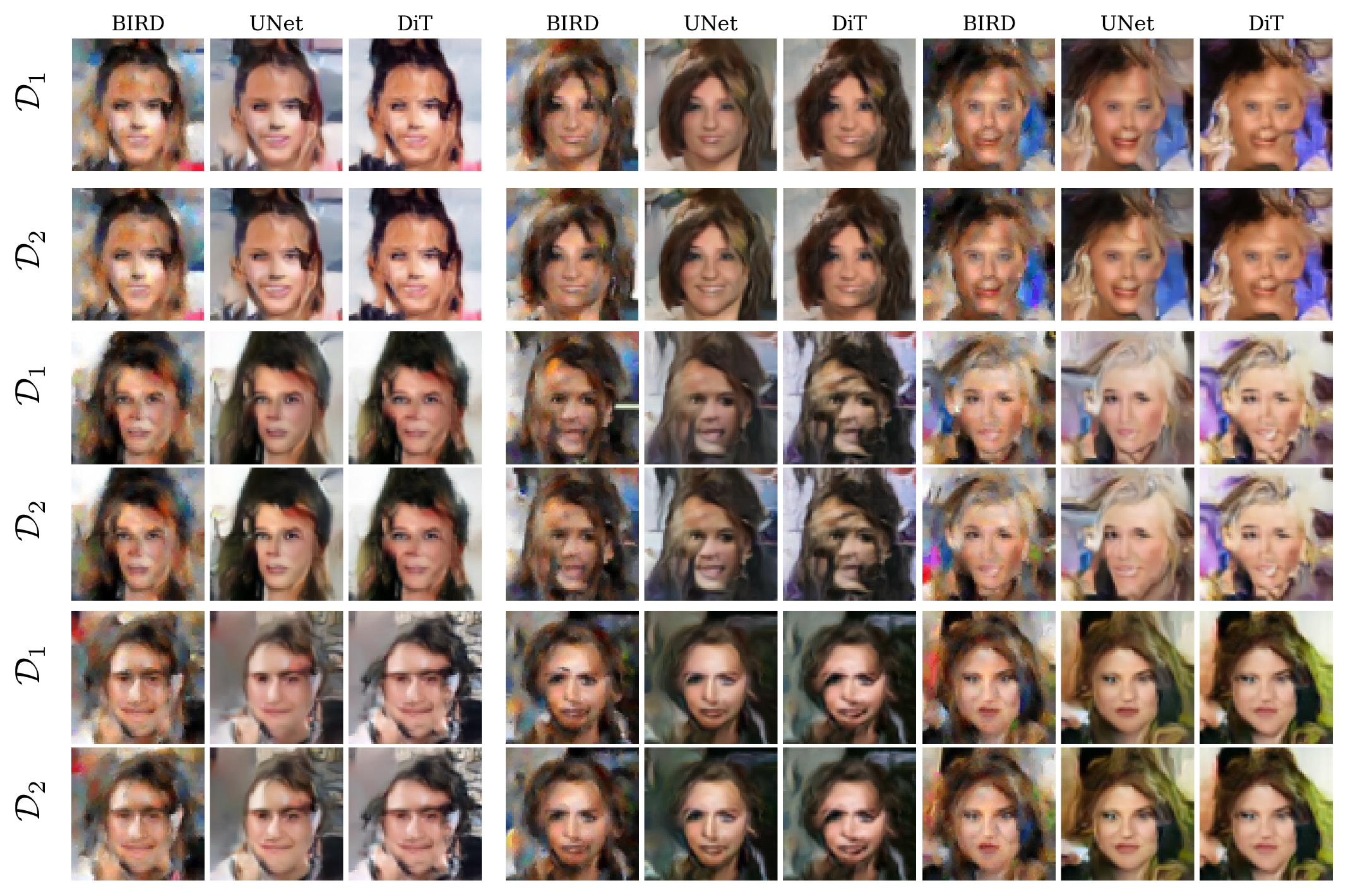 **Figure 7:** Further samples comparing DiTs and UNets early in training, trained on two disjoint subsets of $10^4$ samples from Celeba64, and the outputs of calibrated local score models. UNet samples are from 10 epochs of training, DiT samples are from 30 epochs of training. Samples not curated for quality.
