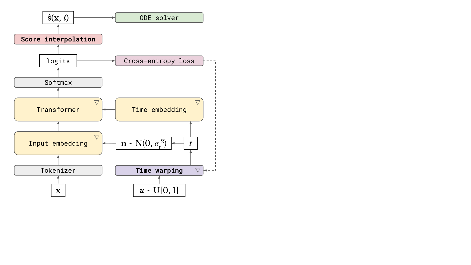 **Figure 1:** Overview of the CDCD framework. Components with learnable parameters are marked with $\nabla$. Novel components are **bolded**. The denoising model is a Transformer (without attention masking) which predicts tokens from noisy embeddings (§ 3.2) and is trained with the cross-entropy loss (§ 3.1). The input noise is time-dependent, with timesteps $t$ sampled non-uniformly during training via time warping (§ 3.3). With the predicted logits, score function estimates can be obtained through interpolation, which are used for sampling with an ODE solver. See Figure 3 for a more detailed diagram.